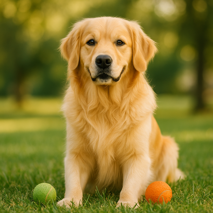 Golden Retriever adulto, boca cerrada, sentado sobre césped con pelotas en el suelo, expresión amigable y natural