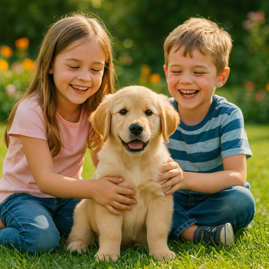 Cachorro de Retriever Golden jugando con niños en jardín, boca cerrada y expresión alegre