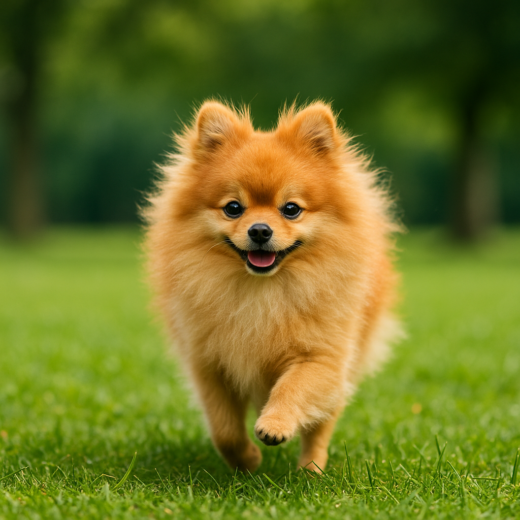Pomeranio adulto, boca cerrada, corriendo en parque, expresión feliz y natural