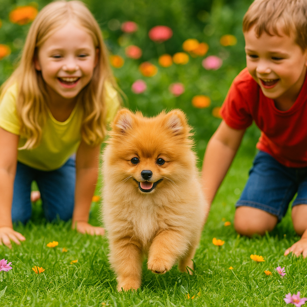 Cachorro de Pomeranio jugando con niños en jardín, boca cerrada, expresión alegre y natural
