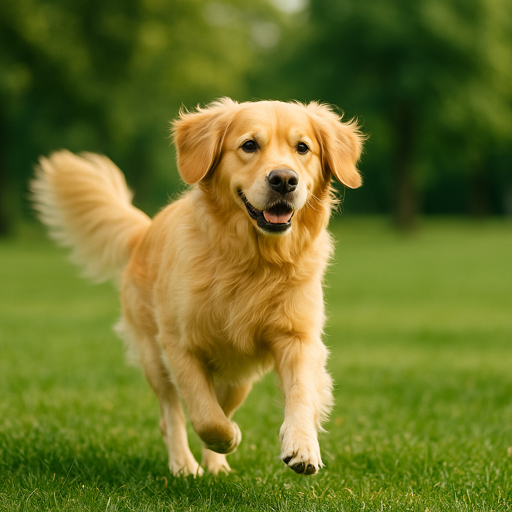 Retriever Golden corriendo en parque, boca cerrada, expresión feliz y natural, césped verde, fondo con árboles difuminados, imagen cuadrada, estilo realista y detallado, alta calidad